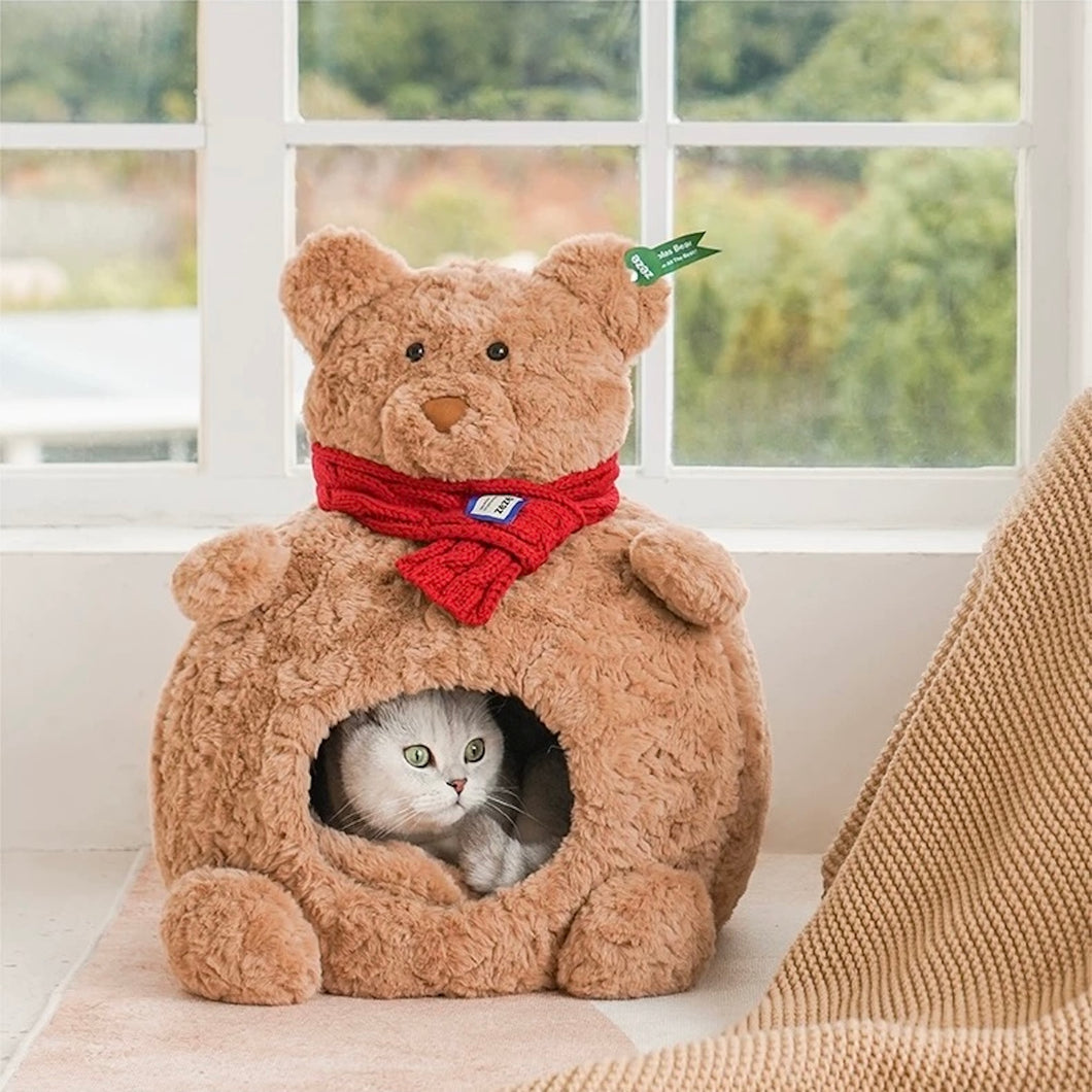 Teddy Bear Cat Bed – Cozy Plush Hideout for Cats & Small Pets
